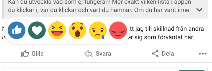 Sociala medier-reaktionsknappar med "gilla" och olika uttrycksemotikoner för kommentarer.