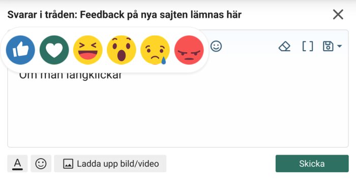 Textfält för feedback, reaktionsikoner, bild/video-uppladdning, sändknapp. Digitalt gränssnitt.