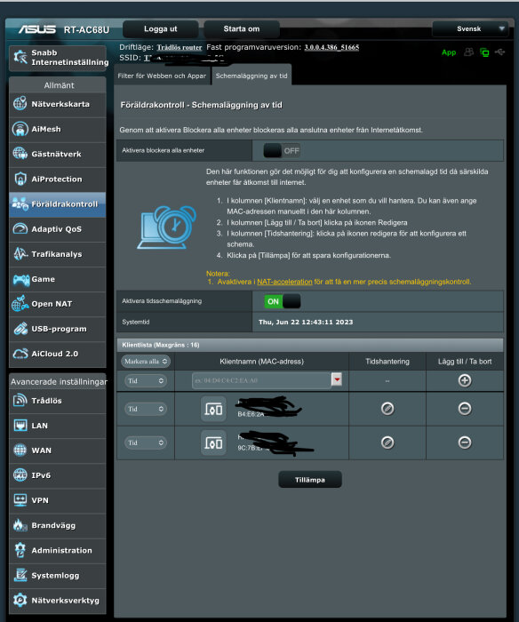 Skärmdump av ASUS routerinställningar på Svenska med fokus på föräldrakontroll och MAC-adressfiltrering.