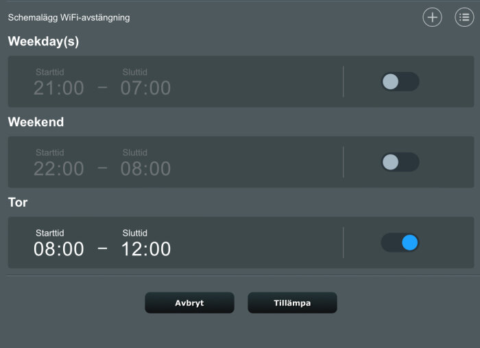 Schemaläggning för WiFi-avstängning, olika tider för vardagar, helger, särskild dag. Dark mode-gränssnitt.