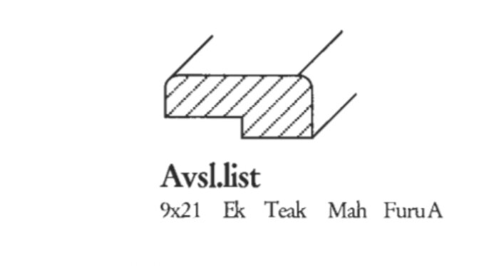 Teknisk ritning av en avslutningslist, dimensioner 9x21, träslag ek, teak, mahogny, furu.