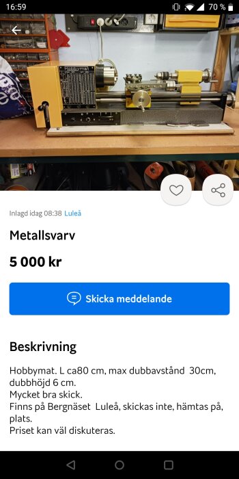 Hobbymat metallsvensk till salu, skärm med specifikationer, verktygsvägg i bakgrunden, 5000 kr pris.