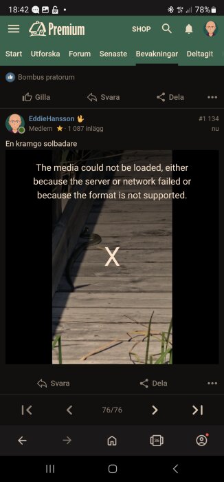 Det är en skärmdump av ett forum-inlägg på en mobil enhet. Inlägget indikerar ett fel vid laddning av media.
