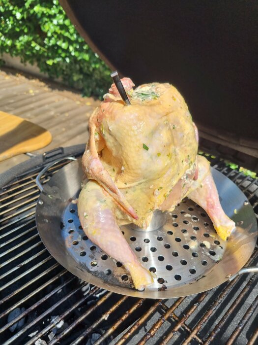 Ett kryddat rått kyckling på ölburkstekare inuti en grill.