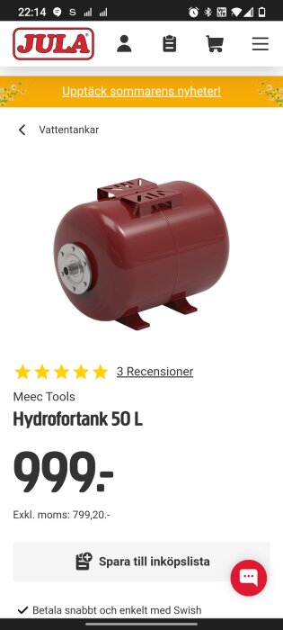 Röd hydrofortank, 50 L, hos Jula, fyra stjärnor i recension, pris 999 kronor.