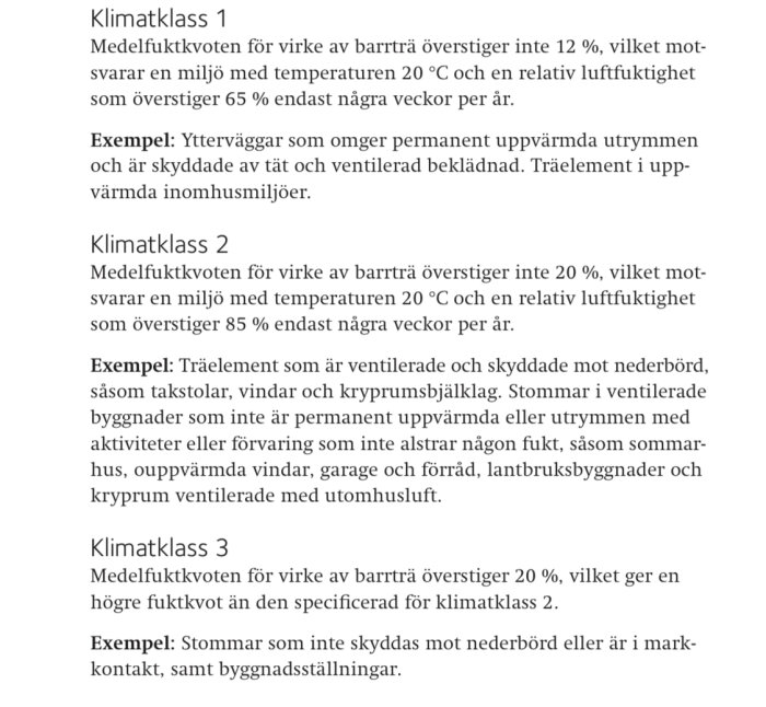 Textdokument om klimatklasser för byggmaterial med exempel och fuktkvot.