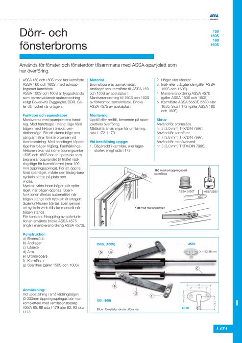 Svensk text, dörr- och fönsterbromsar, tekniska illustrationer, installationsinstruktioner, ASSA-produkter, blå och vit layout.
