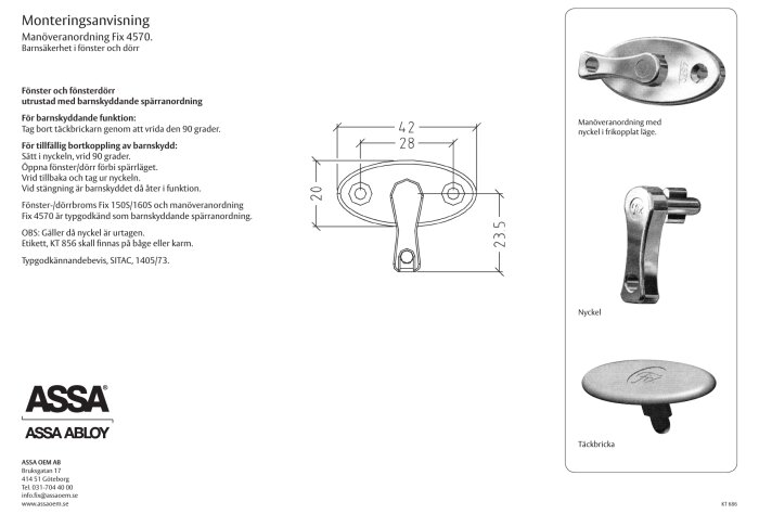 Instruktionsblad för montering av Fix 4570, barnsäkerhetsprodukt för fönster och dörr, inkluderar ritningar och bilder.