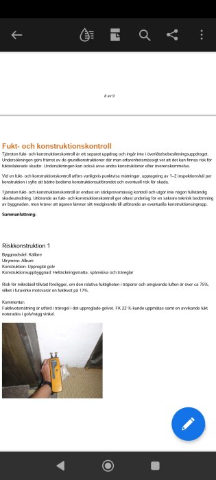 Svensk text om fukt- och konstruktionskontroll med bild på fuktmätning i en källare.