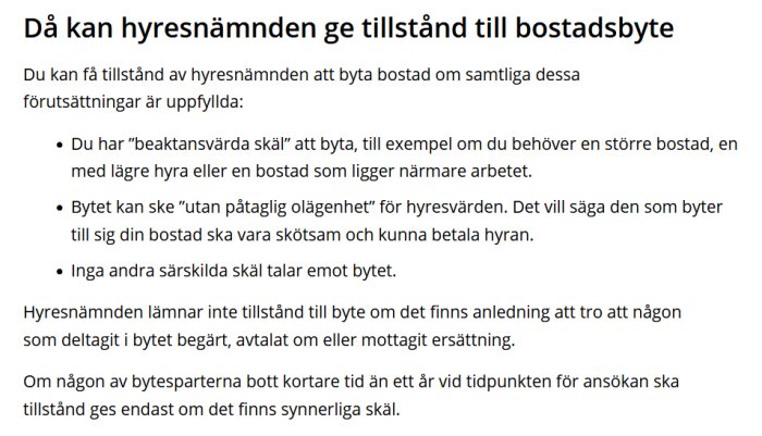 Svensk text om villkor för tillstånd till bostadsbyte av hyresnämnden.