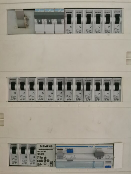 Elskåp med säkringar och automatsäkringar, etiketterad och numrerad, Siemens och Hager, vit bakgrund.