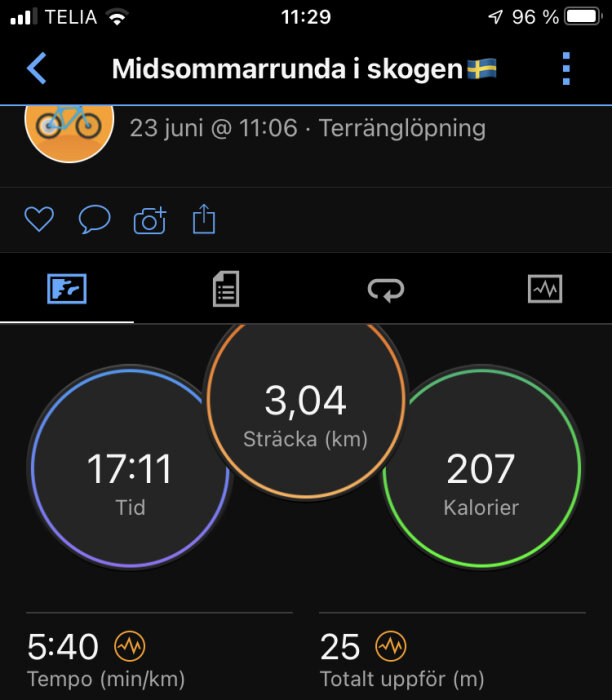 Skärmavbildning av löparapp: "Midsommarrunda i skogen," 3,04 km, tid 17:11, 207 kalorier brända.