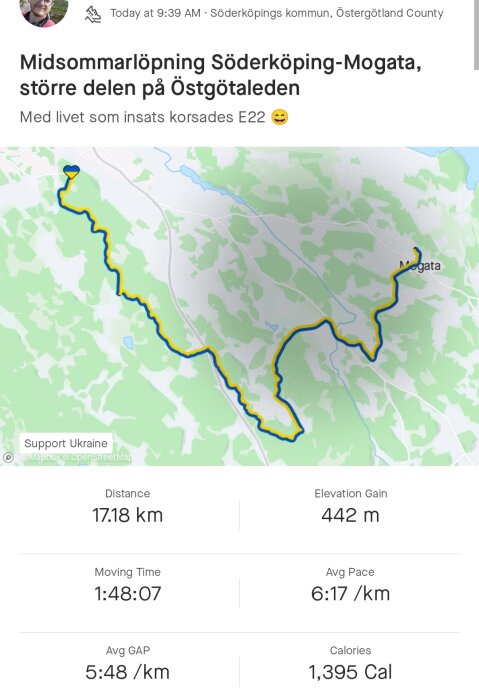 Löprutt i Söderköping-Mogata, 17 km, korsade E22, motionstrackerdata med tid och distans.