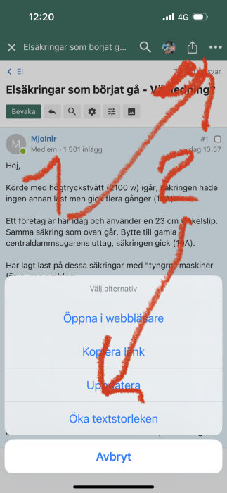 Skärmdump av mobilskärm med röd markering, diskussionsforum om elsäkringar, pop-up meny, signalindikatorer.