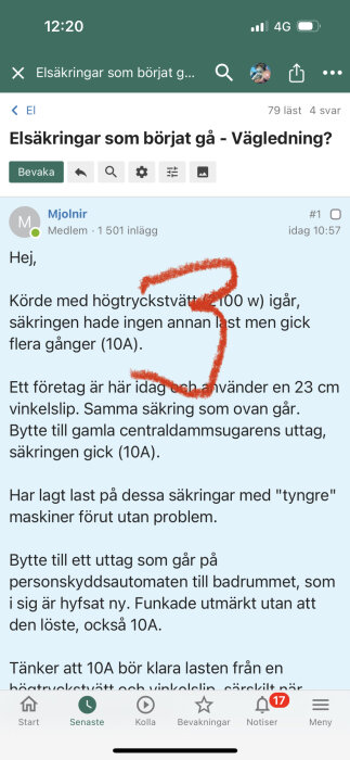 Skärmdump av en forumtråd om elsäkringar som löser ut, med markerad text i röd färg.