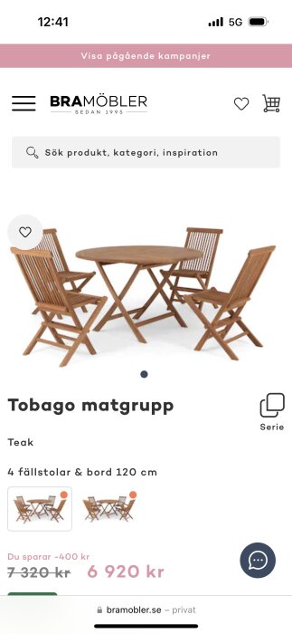Webbsida visar Tobago matgrupp med fyra trästolar och bord, rea på möbelset, sökfält och navigering ovanför.