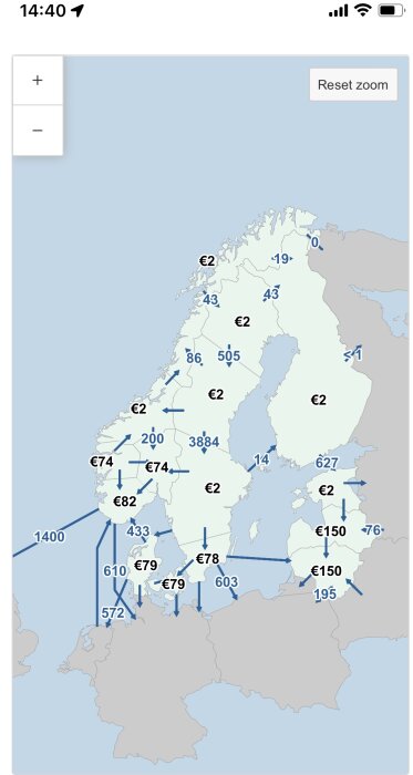 Karta med numrerade europavägar, zoom-verktyg, och mobiluppkopplingsikon i övre högra hörnet.