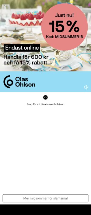 Reklam för rabattkod, online shopping erbjudande, festdukning, tårta, dekorationer, festliga tillfällen, Clas Ohlson logotyp.