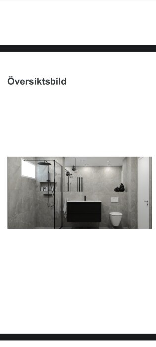 Modernt badrum, grå kakel, svart inredning, duschkabin, toalett, handfat, spegel, minimalistisk design.