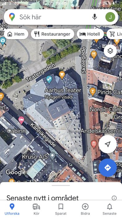 Skärmdump av Google Maps, Aarhus Teater i Danmark, stadskarta, navigeringsverktyg.