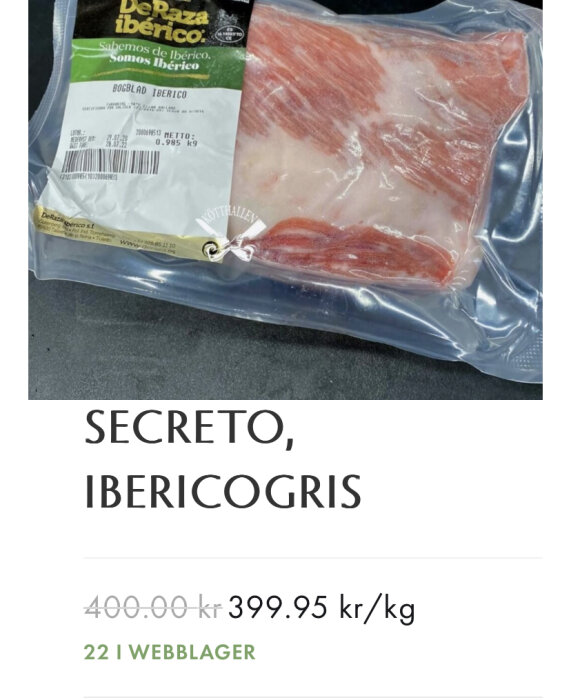 Förpackat Iberico-fläsk, "secreto", prisinformation, onlinebutiksstatus, köttkvalitetsmärke.