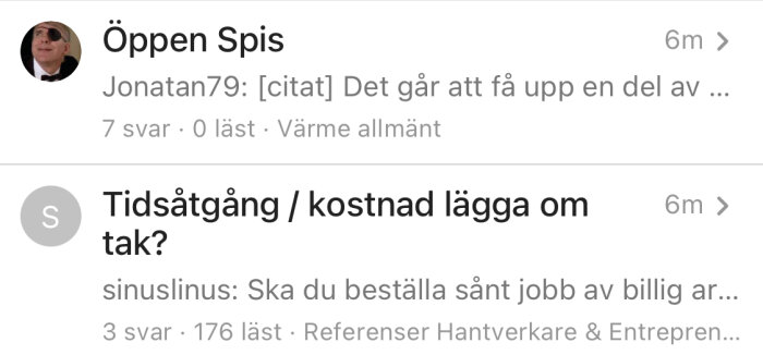 Skärmdump av ett diskussionsforum där användare samtalar om spisar och takomläggning.