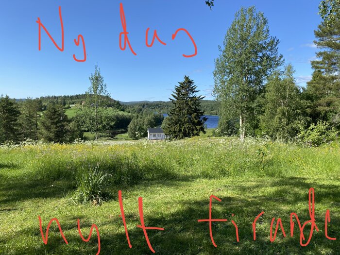 Naturskön utsikt, äng, träd, blå himmel, sjö, text "Ny dag, nytt firande" skrivet över bilden.