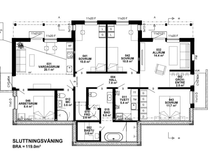 Svartvit arkitektonisk ritning av en våningsplan för en bostadsyta med rum och möblering.