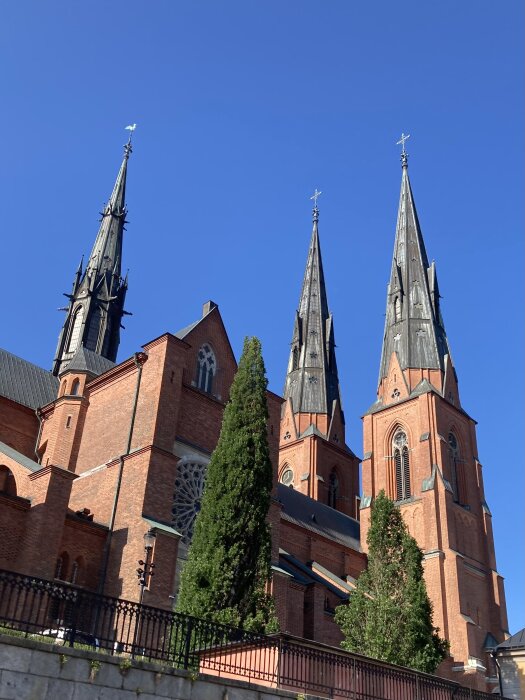 Kyrka med två spetsiga torn, rödtegel, blå himmel, grönt träd, dagsljus.