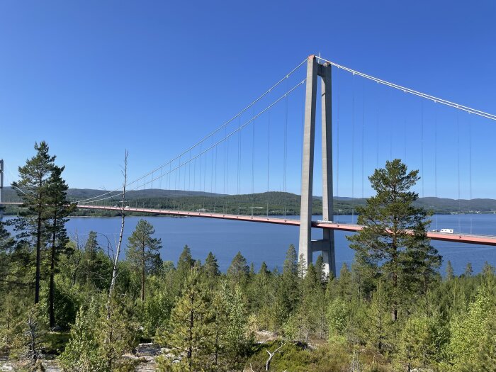 Hög bro med röd vägbana, stålförstärkning, klarblå himmel, skog, stilla vatten, ingen person synlig.