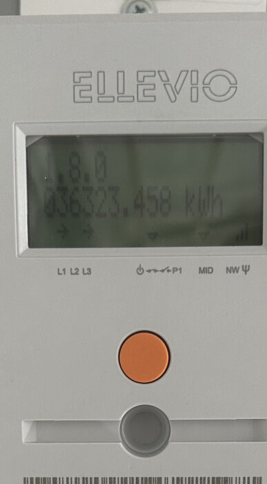 Digital elmätare visar elförbrukning i kilowattimmar (kWh), märke ELEVIIO, med skärm och knappar.