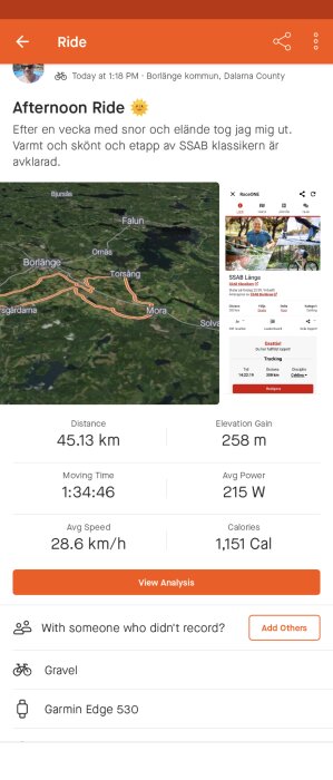 Skärmdump från en träningsapp visar information om en cykeltur; sträcka, tid, hastighet, höjdvinst och kaloriförbrukning.