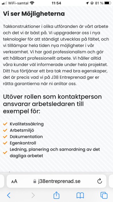 Skärmavbild av text från webbsida om takkonstruktioner, kvalitetssäkring, arbetsmiljö, dokumentation, egenkontroll och arbetsledning.