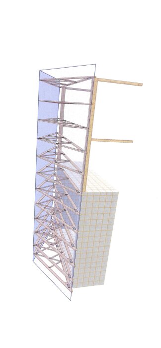 Ritning av genomskärning av en skyskrapa med bärverkskonstruktion och golvplattor synliga.
