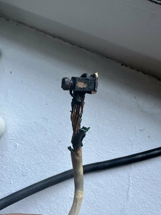 Bränt eluttag på kabel, svart och vit, skador, möjlig brandrisk, behov av elektrikers inspektion.