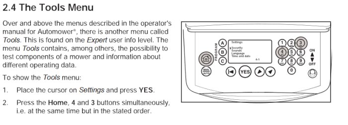 Instruktionsmanual för gräsklipparens "Tools" meny med tillhörande knappsats illustration.