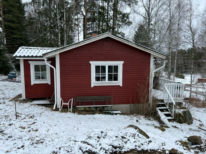 Rött trähus i snöig landsbygdsmiljö med vita fönsterkarmar, skorsten och en veranda.