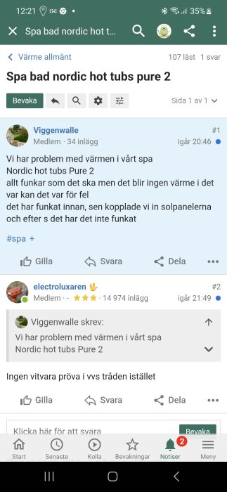 Skärmdump från ett forum, diskussion om värme problem i spa, användaren föreslår att söka i annan tråd.