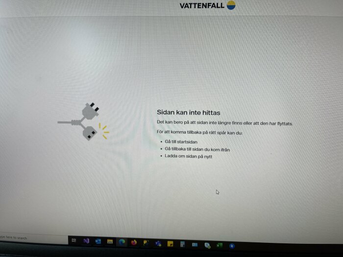 Datorskärm visar felmeddelande "Sidan kan inte hittas", med avbruten kabel-illustration, Vattenfall logotyp överst.