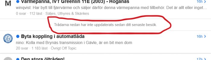 Skärmdump från forum, rödmarkerad text om icke-uppdaterade trådar, blåa länkar, sökruta.