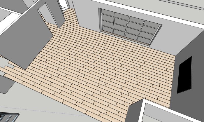 3D-visualisering av en modern innergård med tegelgolv, väggar, fönster och trappsteg.