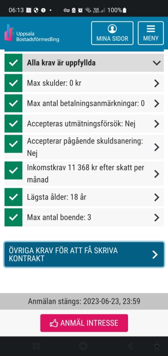 Skärmdump av bostadsförmedlingsapp med krav för att få hyreskontrakt.