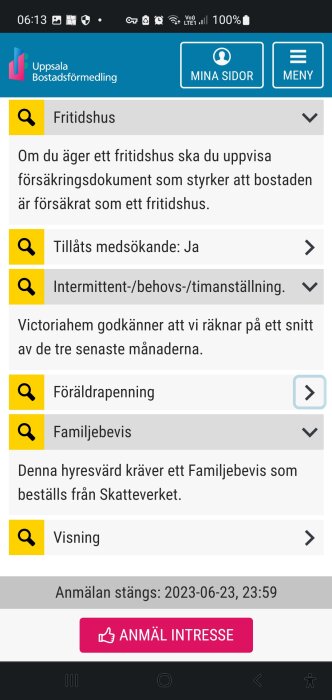 Skärmdump av en webbsida med information om bostadsförmedling, dokumentkrav och intresseanmälan.