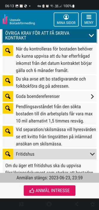 En skärmdump av Uppsala Bostadsförmedlings webbsida med krav för bostadskontrakt.