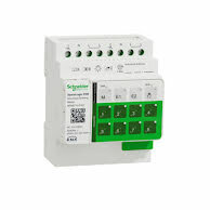 Vit och grön Schneider Electric energimätare eller strömbrytare med kopplingsterminaler och inställningsknappar.