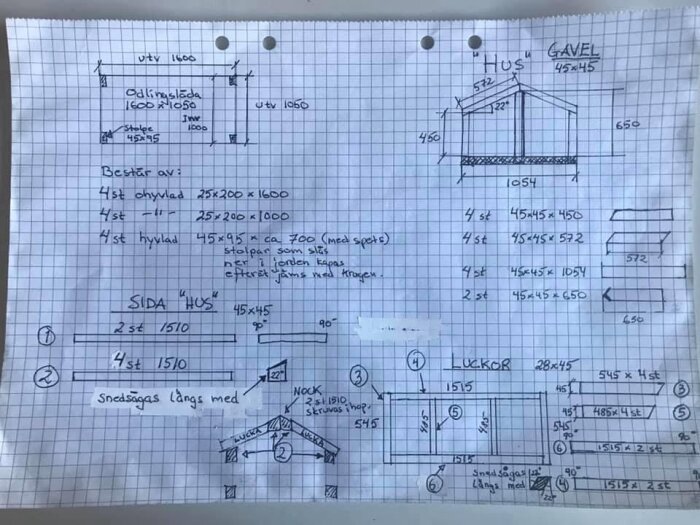 Handritad skiss med mått och material för konstruktion, troligen en byggritning av ett hus eller skjul.