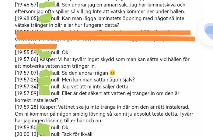 Skärmdump av en konversation, mestadels text med orange och gröna överstrykningar. Chatt om laminatskiva och vattenskydd.