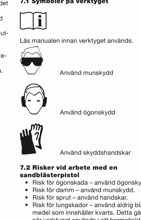 Säkerhetsinstruktioner, skyddsutrustning, symboler, läs manualen, ögonskydd, munskydd, hörselskydd, handskar, sandblästerpistol, risker.