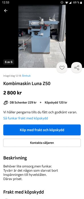 Blå kombimaskin Luna Z50 till salu, behöver reparation, saknar del till hyvelstålen, i garage.