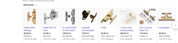 Sökresultatssida med olika metallbeslag för försäljning, priser och butikernas namn visas.